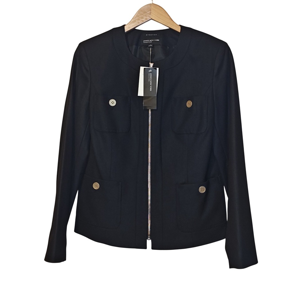 Jones New York Collection Blazer Women 8 Black Zip‎ Front Stretch Pockets New